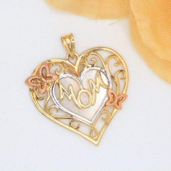 Jewelry - 10k Solid Gold Mom Script Word with Mother of Pearl Background Pendant